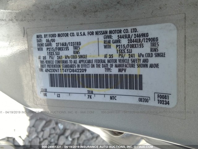 4N2XN11T4YD842209 - 2000 NISSAN QUEST SE/GLE/GXE SILVER photo 9