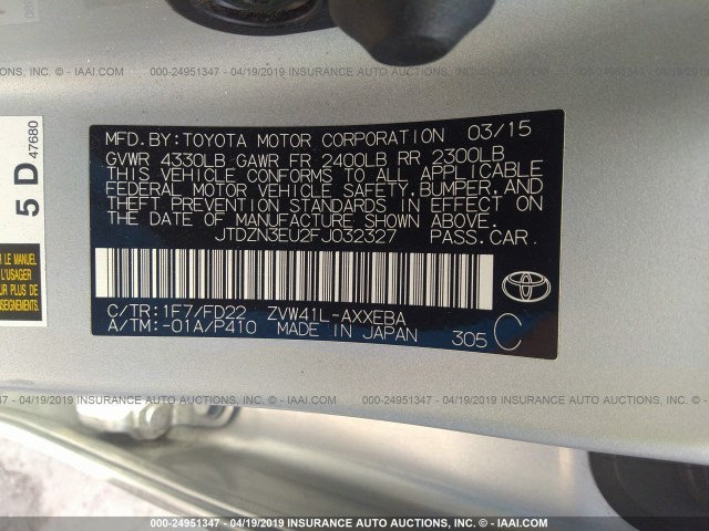 JTDZN3EU2FJ032327 - 2015 TOYOTA PRIUS V SILVER photo 9