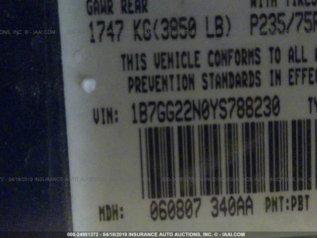 1B7GG22N0YS788230 - 2000 DODGE DAKOTA BLUE photo 9