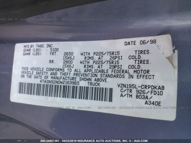 4TASN92N0WZ163965 - 1998 TOYOTA TACOMA XTRACAB PRERUNNER ნაცრისფერი ფოტო 9