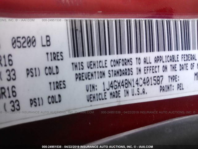 1J4GX48N14C401587 - 2004 JEEP GRAND CHEROKEE LAREDO/COLUMBIA/FREEDOM RED photo 9