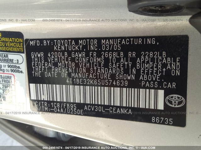 4T1BE32K65U574639 - 2005 TOYOTA CAMRY LE/XLE/SE SILVER photo 9