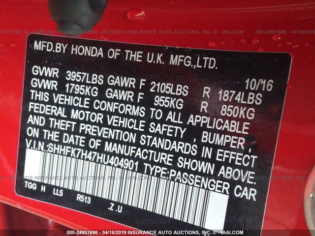 SHHFK7H47HU404901 - 2017 HONDA CIVIC SPORT 红色 照片 9