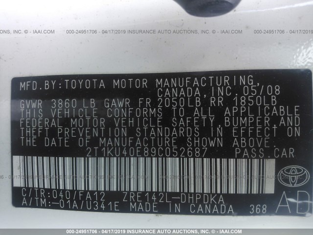2T1KU40E89C052687 - 2009 TOYOTA COROLLA MATRIX  WHITE photo 9