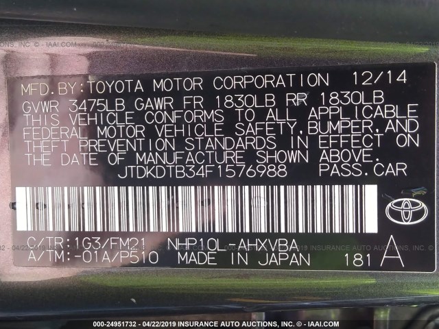 JTDKDTB34F1576988 - 2015 TOYOTA PRIUS C GRAY photo 9