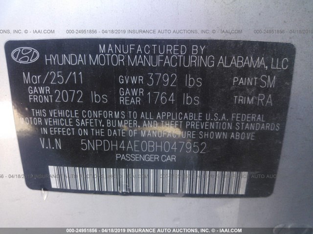 5NPDH4AE0BH047952 - 2011 HYUNDAI ELANTRA GLS/LIMITED SILVER photo 9