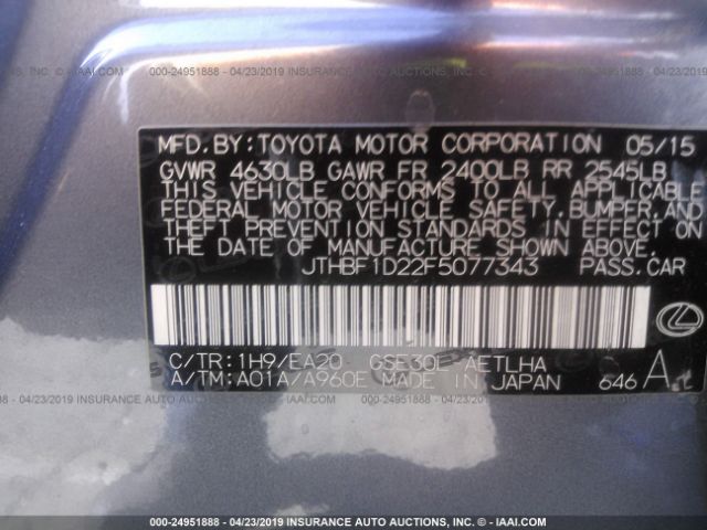 JTHBF1D22F5077343 - 2015 LEXUS IS 250 GRAY photo 9