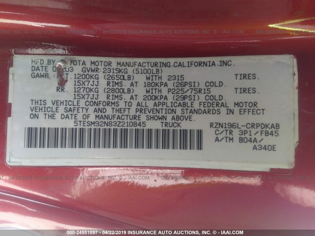5TESM92N83Z210845 - 2003 TOYOTA TACOMA XTRACAB PRERUNNER ბურგუნდია ფოტო 9