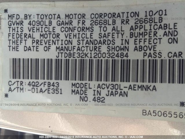 JTDBE32K120032484 - 2002 TOYOTA CAMRY LE/XLE/SE GOLD photo 9