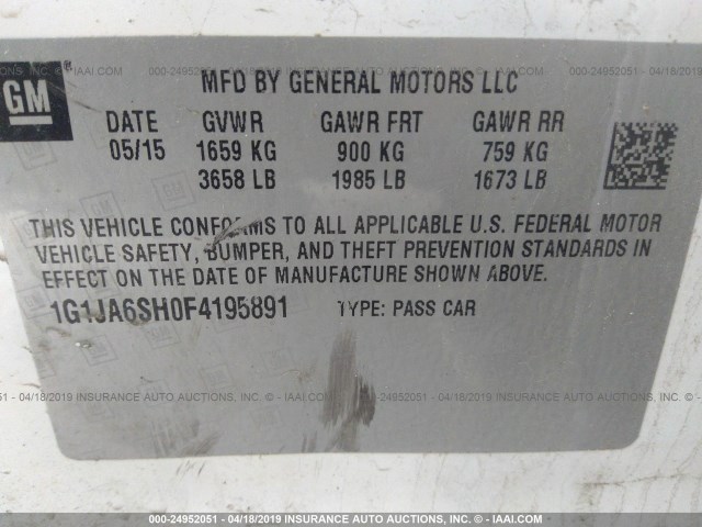 1G1JA6SH0F4195891 - 2015 CHEVROLET SONIC LS WHITE photo 9