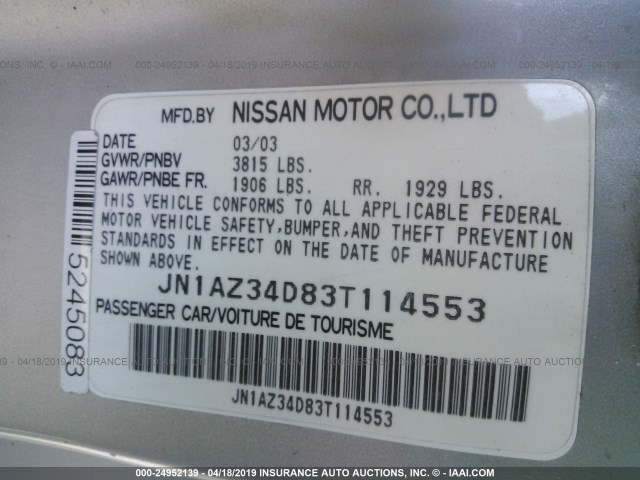 JN1AZ34D83T114553 - 2003 NISSAN 350Z COUPE SILVER photo 9