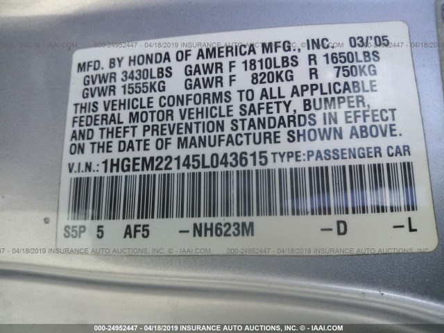 1HGEM22145L043615 - 2005 HONDA CIVIC DX VP Gümüş foto 9