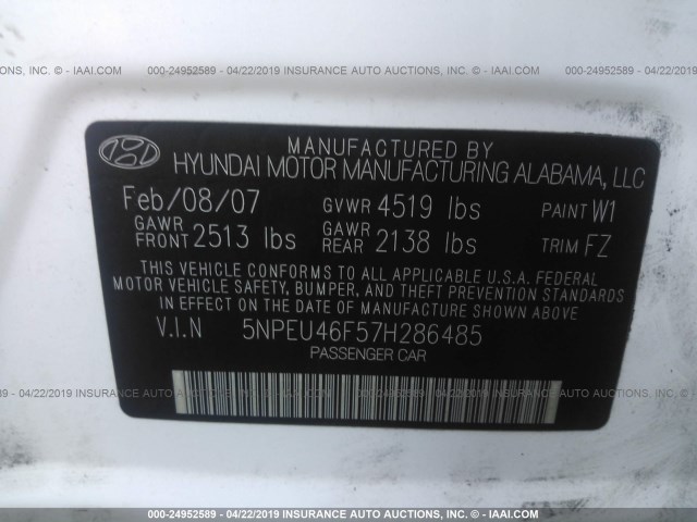 5NPEU46F57H286485 - 2007 HYUNDAI SONATA SE/LIMITED WHITE photo 9