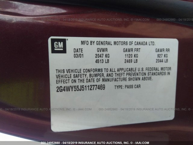 2G4WY55J511277469 - 2001 BUICK CENTURY LIMITED RED photo 9