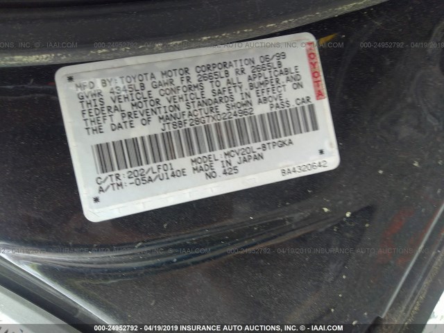 JT8BF28G7X0224962 - 1999 LEXUS ES BLACK photo 9