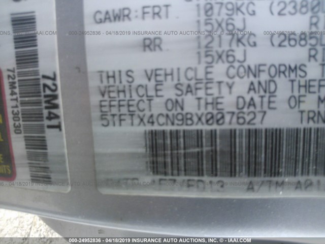 5TFTX4CN9BX007627 - 2011 TOYOTA TACOMA ACCESS CAB ვერცხლისფერი ფოტო 9