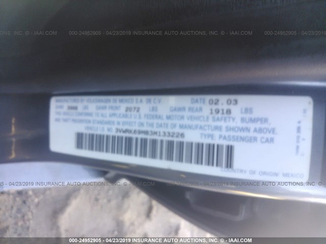 3VWRK69M83M133226 - 2003 VOLKSWAGEN JETTA GL GRAY photo 9