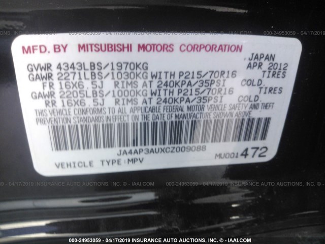 JA4AP3AUXCZ009088 - 2012 MITSUBISHI OUTLANDER SPORT ES BLACK photo 9