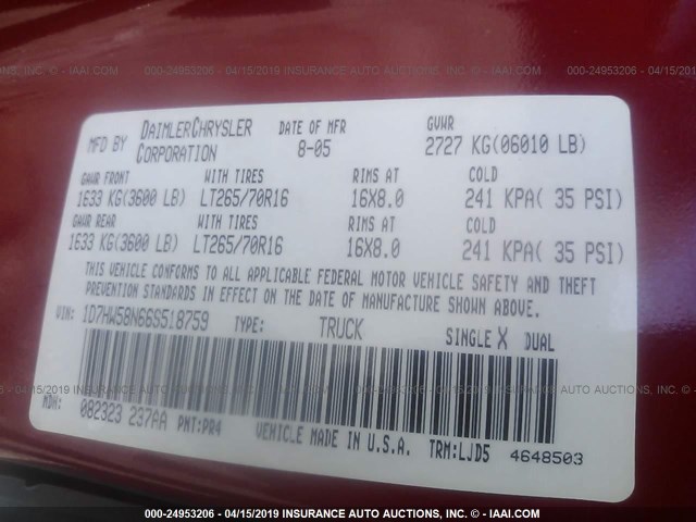 1D7HW58N66S518759 - 2006 DODGE DAKOTA QUAD LARAMIE RED photo 9