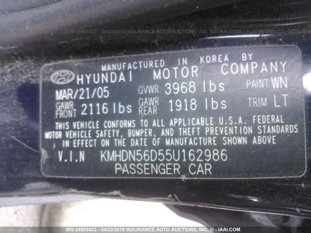 KMHDN56D55U162986 - 2005 HYUNDAI ELANTRA GLS/GT BLUE photo 9