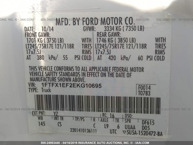 1FTFX1EF2EKG10695 - 2014 FORD F150 SUPER CAB WHITE photo 9