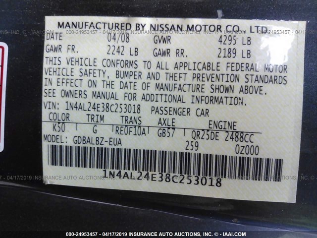 1N4AL24E38C253018 - 2008 NISSAN ALTIMA 2.5S BLACK photo 9