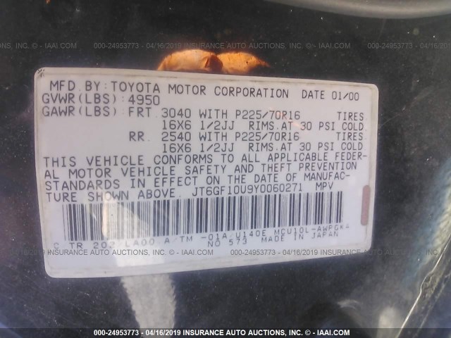 JT6GF10U9Y0060271 - 2000 LEXUS RX 300 BLACK photo 9