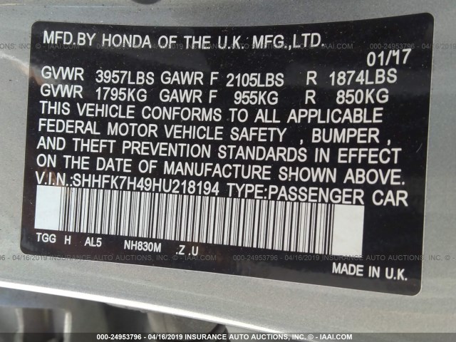 SHHFK7H49HU218194 - 2017 HONDA CIVIC SPORT Argent photo 9