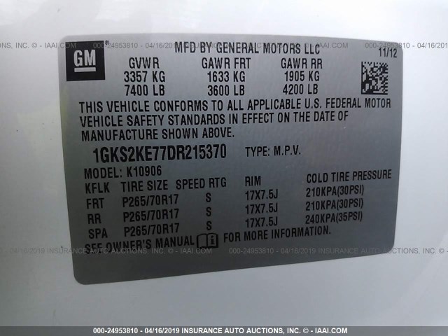 1GKS2KE77DR215370 - 2013 GMC YUKON XL K1500 SLT WHITE photo 9