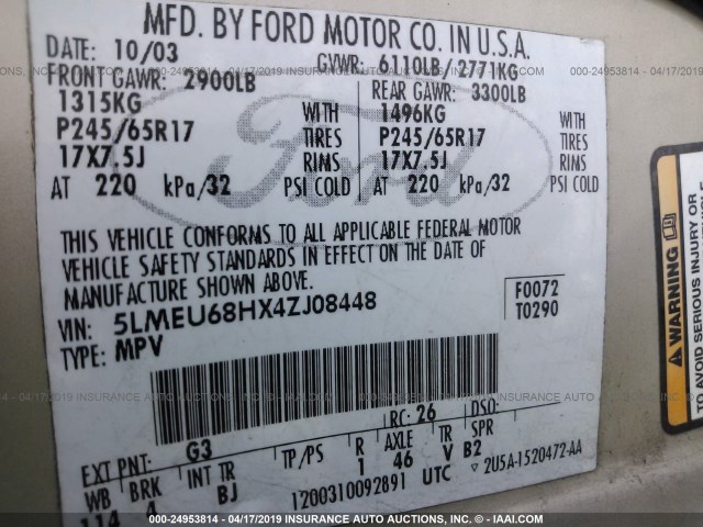 5LMEU68HX4ZJ08448 - 2004 LINCOLN AVIATOR 金色 照片 9