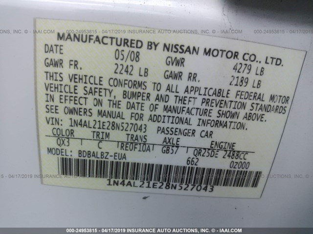 1N4AL21E28N527043 - 2008 NISSAN ALTIMA 2.5/2.5S WHITE photo 8