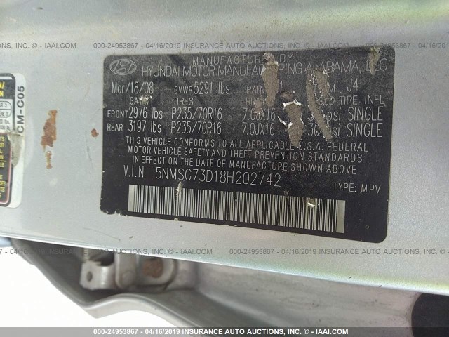 5NMSG73D18H202742 - 2008 HYUNDAI SANTA FE GLS GRAY photo 9