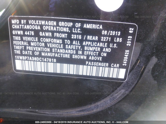 1VWBP7A36DC147818 - 2013 VOLKSWAGEN PASSAT SE BLACK photo 9