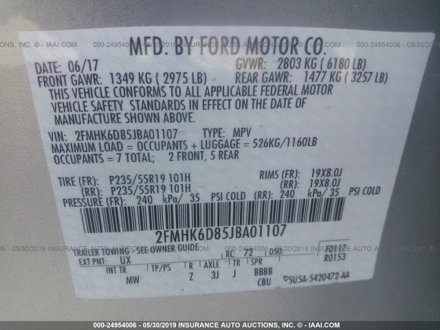 2FMHK6D85JBA01107 - 2018 FORD FLEX SILVER photo 9