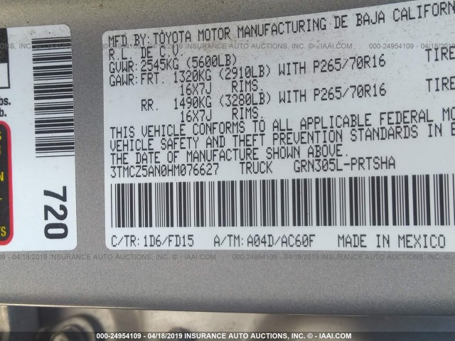 3TMCZ5AN0HM076627 - 2017 TOYOTA TACOMA DBL CAB/SR/TRDSPT/OR/PRO ნაცრისფერი ფოტო 9