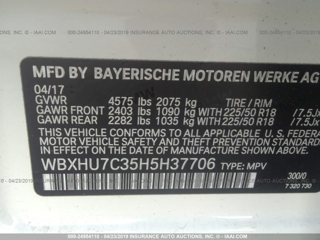 WBXHU7C35H5H37706 - 2017 BMW X1 SDRIVE28I WHITE photo 9