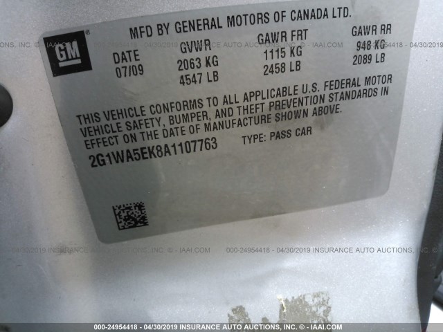 2G1WA5EK8A1107763 - 2010 CHEVROLET IMPALA LS SILVER photo 9