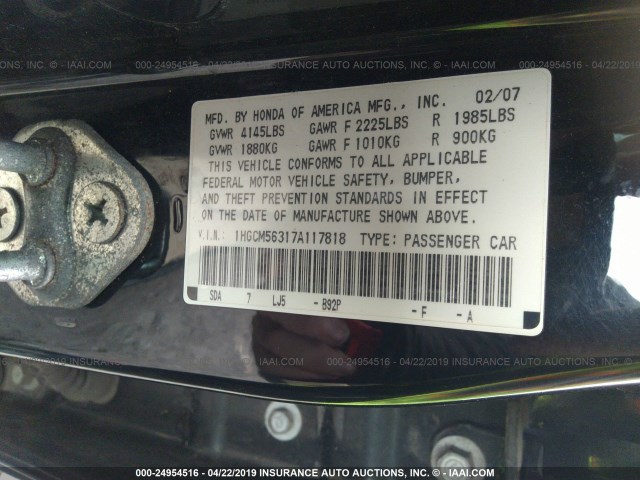 1HGCM56317A117818 - 2007 HONDA ACCORD SE BLACK photo 9