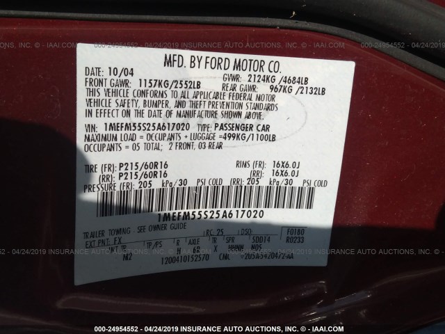 1MEFM55S25A617020 - 2005 MERCURY SABLE LS PREMIUM RED photo 9