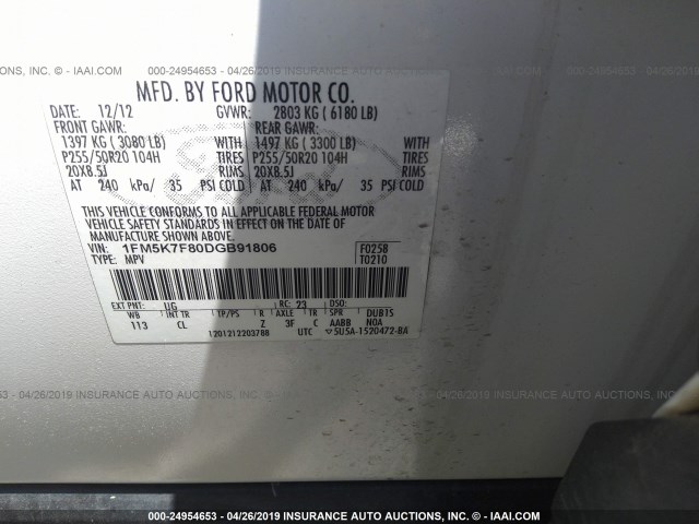 1FM5K7F80DGB91806 - 2013 FORD EXPLORER LIMITED WHITE photo 9