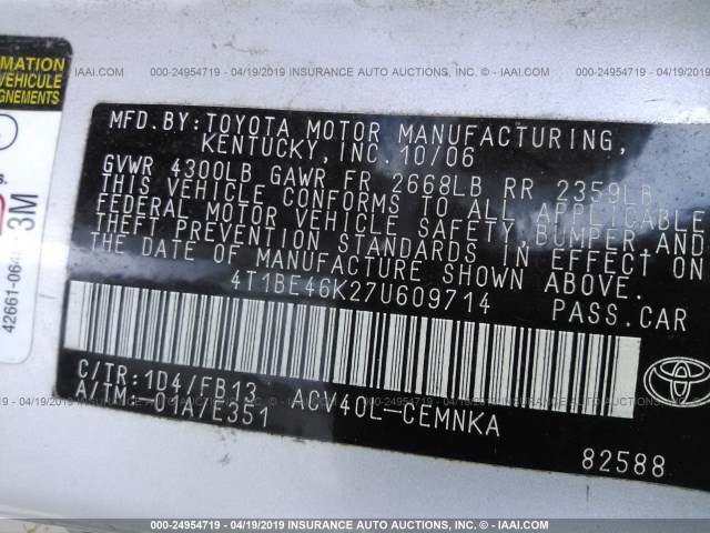 4T1BE46K27U609714 - 2007 TOYOTA CAMRY NEW GENERAT CE/LE/XLE/SE SILVER photo 9