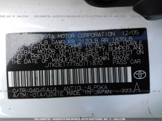 JTKDE177760111870 - 2006 TOYOTA SCION TC თეთრი ფოტო 9