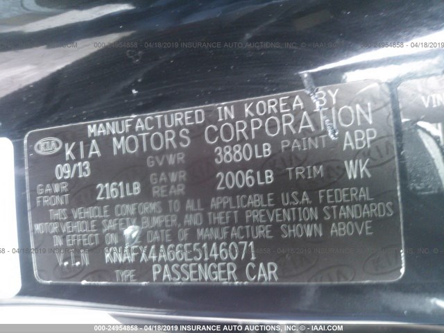 KNAFX4A66E5146071 - 2014 KIA FORTE LX BLACK photo 9