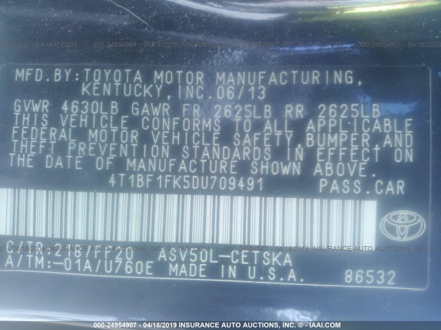 4T1BF1FK5DU709491 - 2013 TOYOTA CAMRY L/SE/LE/XLE 黑色 照片 9