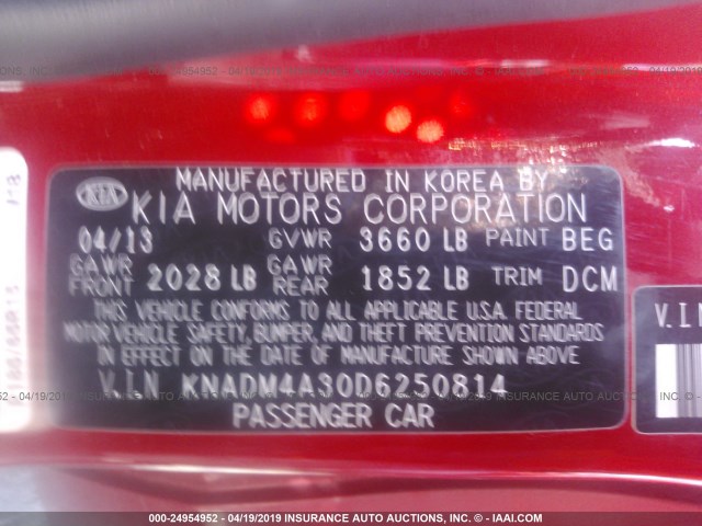 KNADM4A30D6250814 - 2013 KIA RIO LX RED photo 9