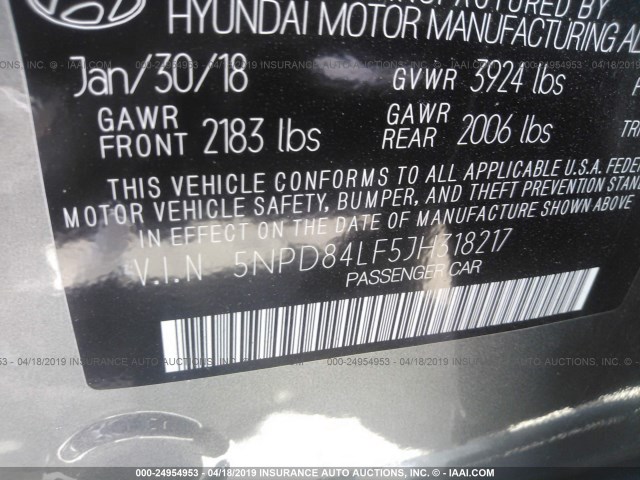 5NPD84LF5JH318217 - 2018 HYUNDAI ELANTRA SEL/VALUE/LIMITED GRAY photo 9