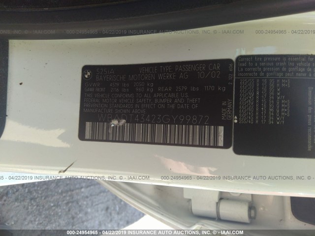 WBADT43423GY99872 - 2003 BMW 525 I AUTOMATIC 白色 照片 9