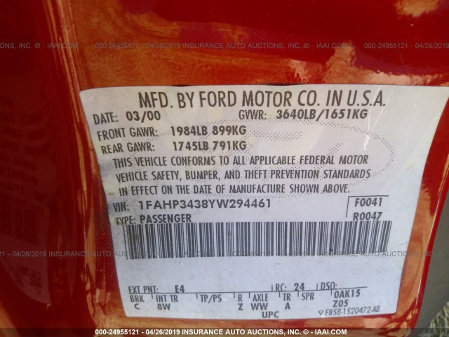 1FAHP3438YW294461 - 2000 FORD FOCUS SE/SE SPORT RED photo 9