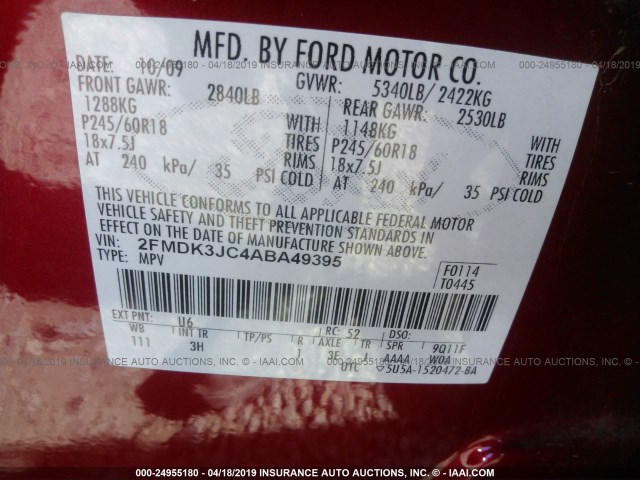 2FMDK3JC4ABA49395 - 2010 FORD EDGE SEL RED photo 9