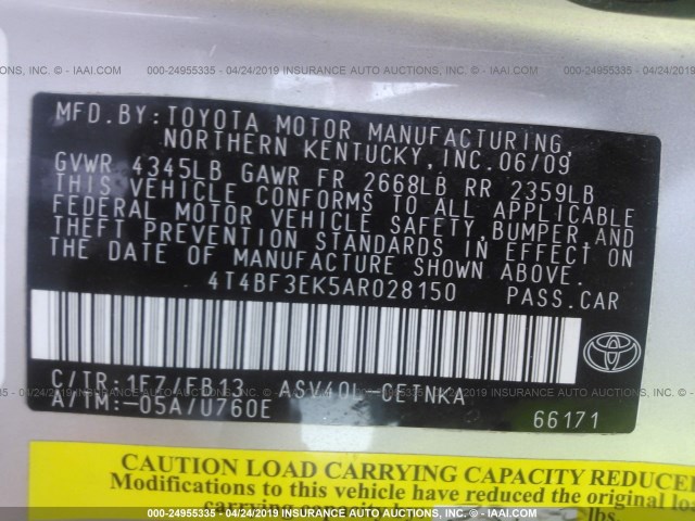 4T4BF3EK5AR028150 - 2010 TOYOTA CAMRY SE/LE/XLE SILVER photo 9